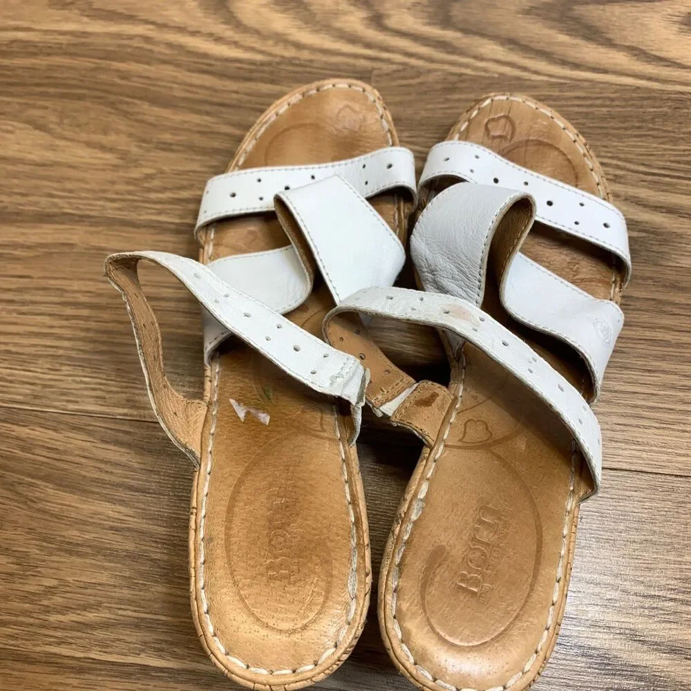 Born Concept Sandals Leather Cork‎ Womens Size 10 White Wedge Slip On
